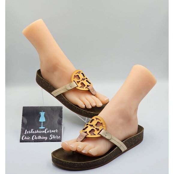 Tory Burch Women's Beige Leather Miller Cloud Flats Thong Sandals Sz 8 2642 - Picture 14 of 16